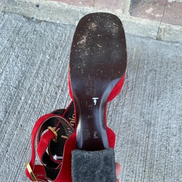 Lamica Italian Suede Leather Slingback Block Heel Size 7 Red Classic Round Toe - Picture 4 of 7